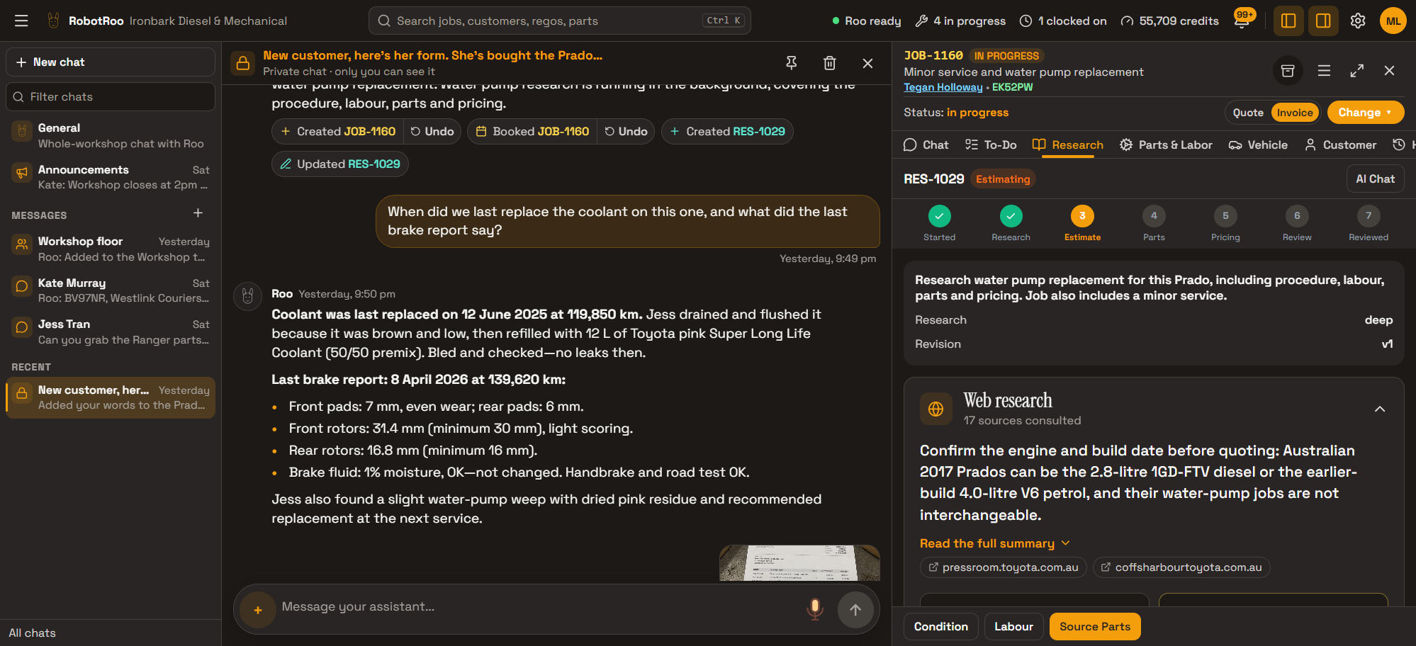The Prado job’s research card beside Roo’s chat