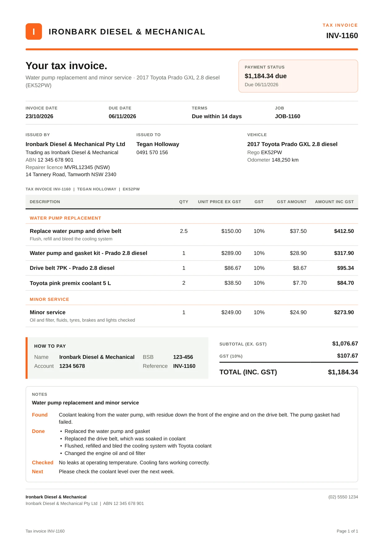 Tax invoice INV-1160 from Ironbark Diesel & Mechanical to Tegan Holloway for her 2017 Toyota Prado: water pump replacement and a minor service, $1,184.34 including GST, with the notes Roo wrote: what was found, done and checked, and what to do next.