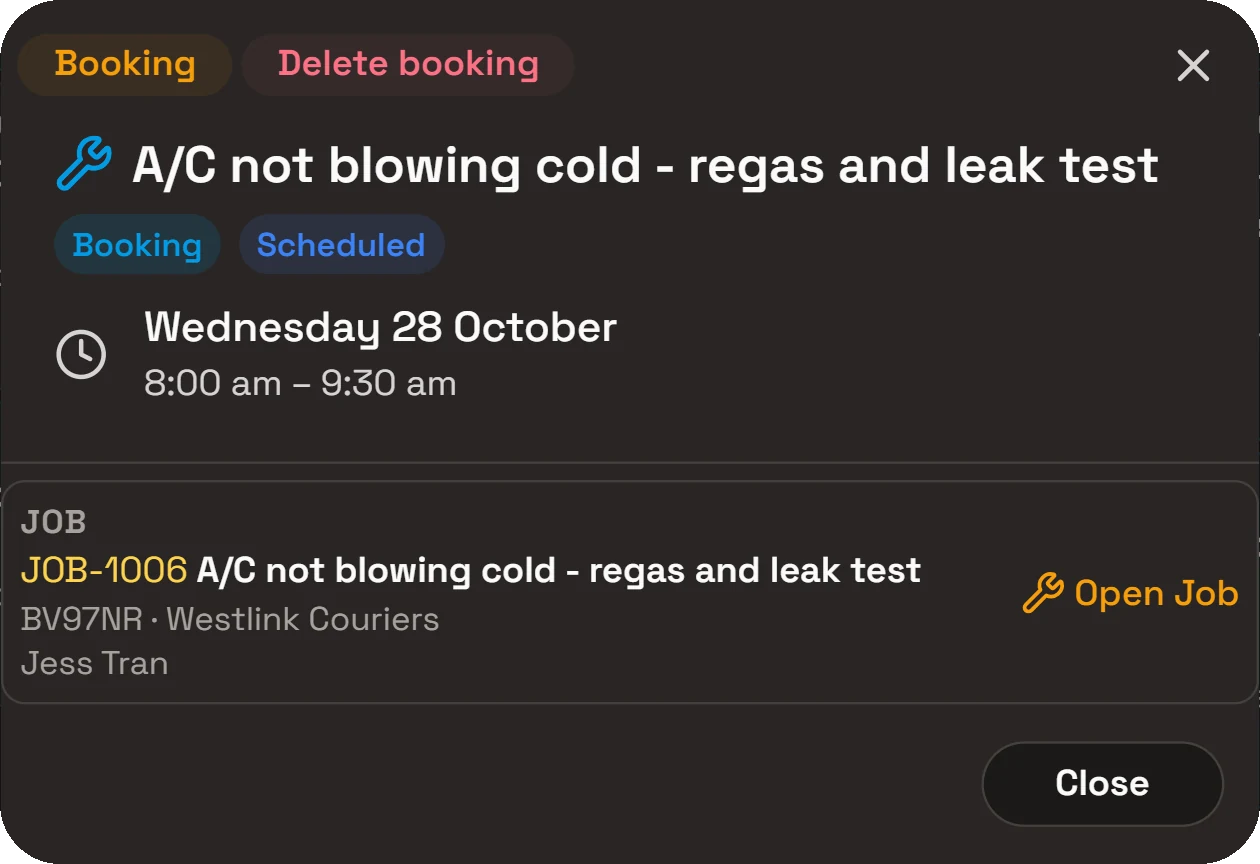 Close-up of a booking opened from the calendar in RobotRoo: A/C not blowing cold, regas and leak test, on Wednesday 28 October from 8:00 to 9:30 am, with its job JOB-1006, rego BV97NR, Westlink Couriers and Jess Tran, and an Open Job button
