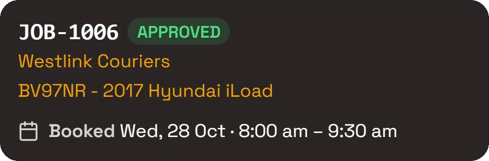Close-up of the same job in RobotRoo: JOB-1006, approved, for Westlink Couriers, BV97NR, a 2017 Hyundai iLoad, booked Wednesday 28 October from 8:00 to 9:30 am