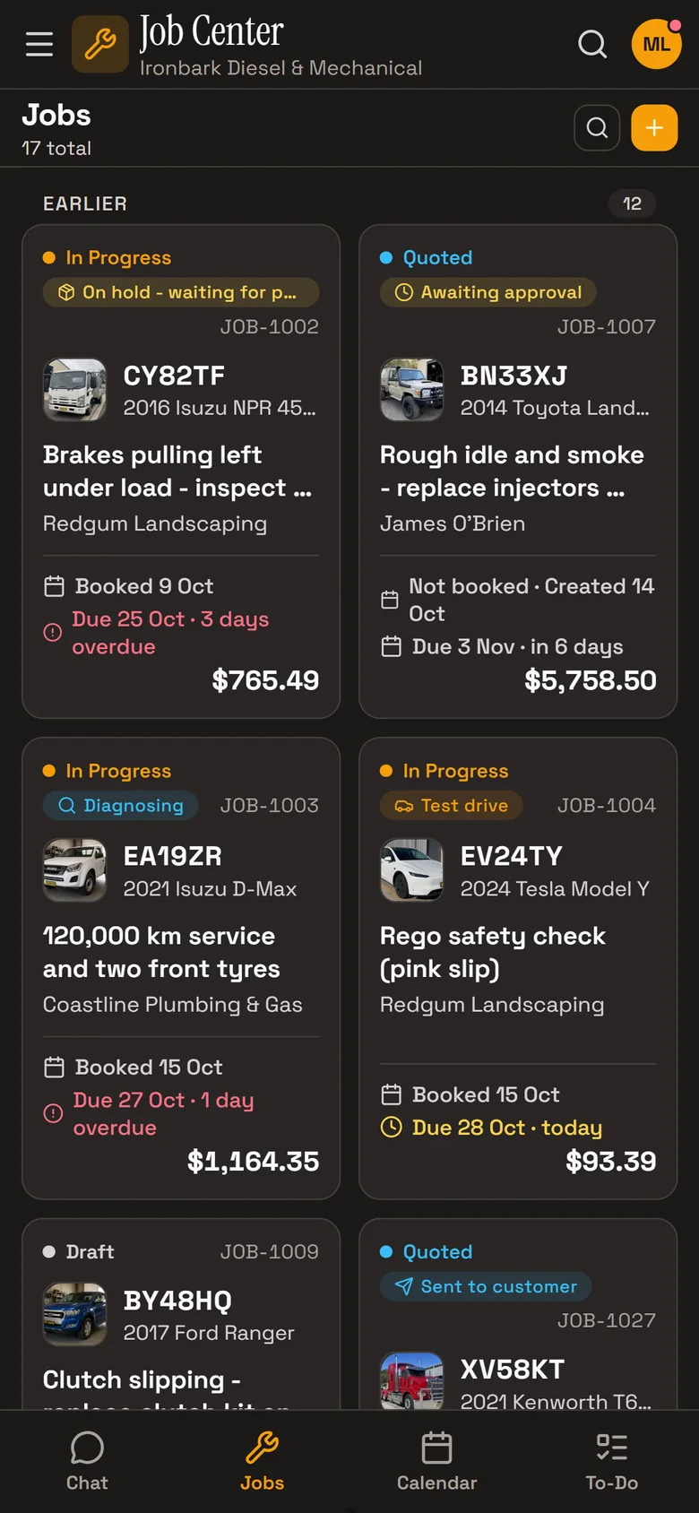 RobotRoo on a phone: the Job Centre's job cards in two columns, each with its status, job number, vehicle photo, rego, work, customer, dates and total