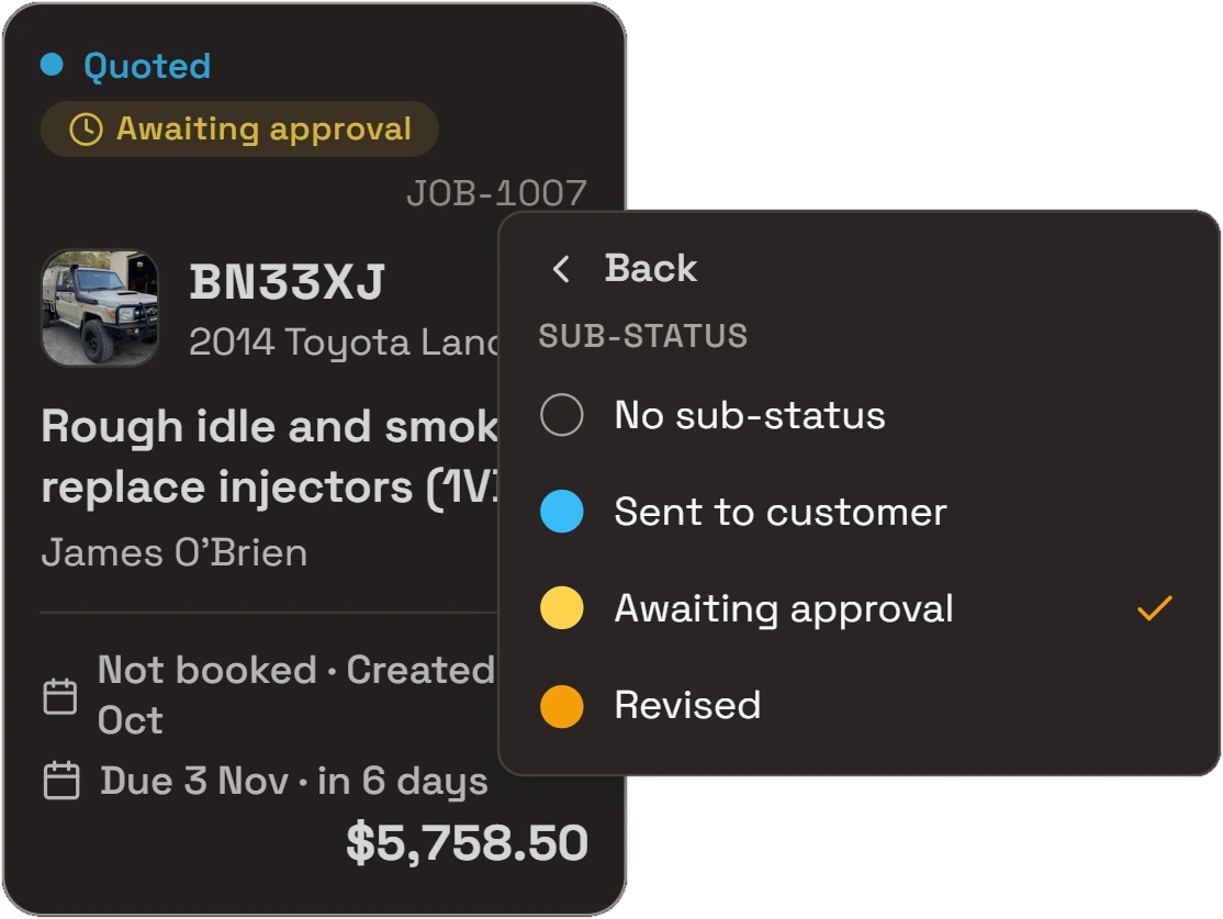 Close-up of a job card in RobotRoo: the LandCruiser's quote, quoted and awaiting approval, with its right-click menu open on the quote sub-statuses: no sub-status, sent to customer, awaiting approval (ticked) and revised