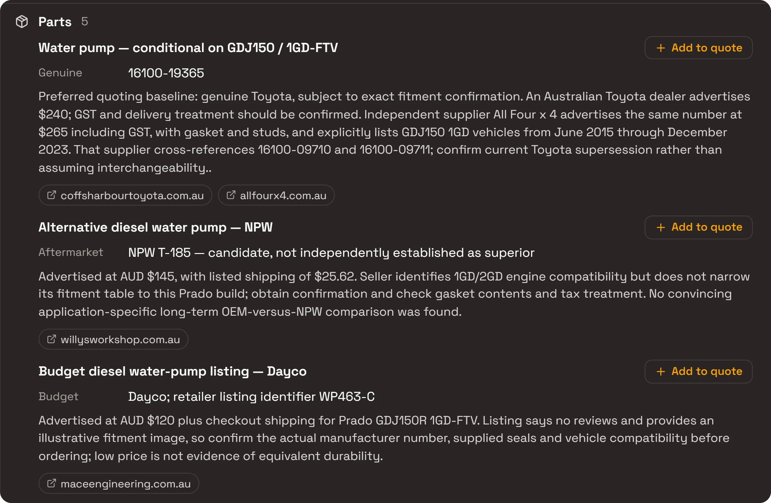 Close-up of the research’s Parts section: a genuine Toyota water pump with its part number, an aftermarket and a budget water pump with their advertised prices and fitment notes, each with its sources and an Add to quote button
