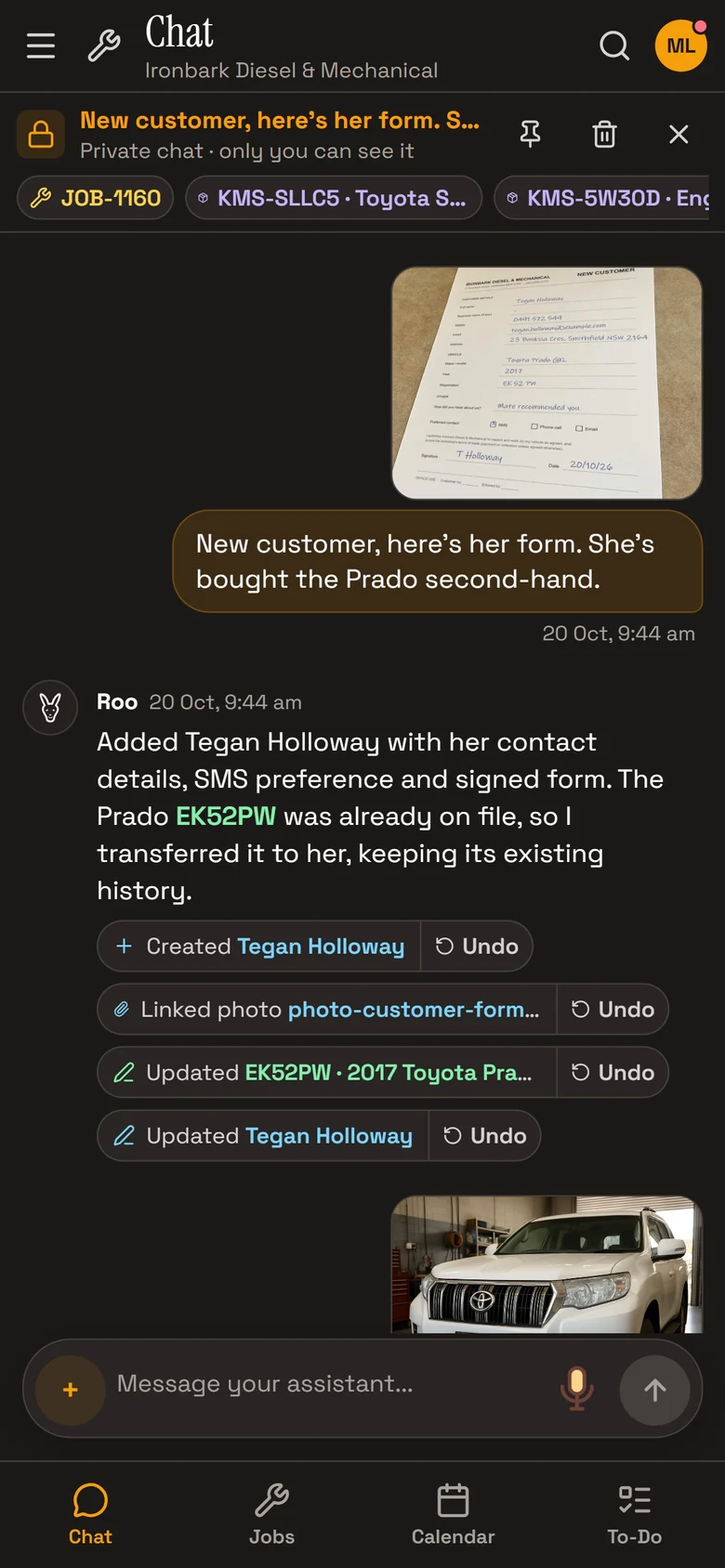 RobotRoo on a phone: a chat with Roo where a photo of a handwritten new-customer form becomes a customer record, with each change listed with Undo