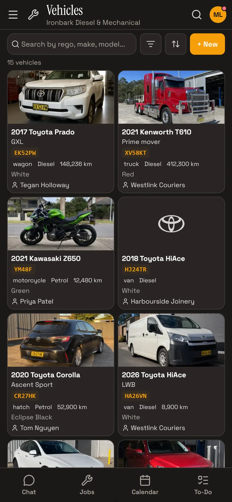 RobotRoo on a phone: the Vehicles screen with search, filter and sort buttons and vehicle cards with photos, rego, details and owner